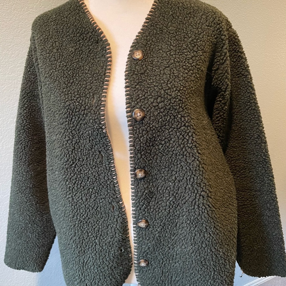 Green Teddy Jacket with Plush Texture and Relaxed Fit